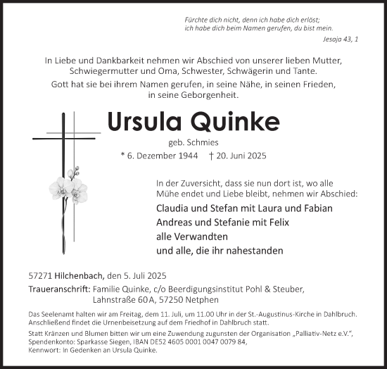Traueranzeige von Ursula Quinke von Siegener Zeitung