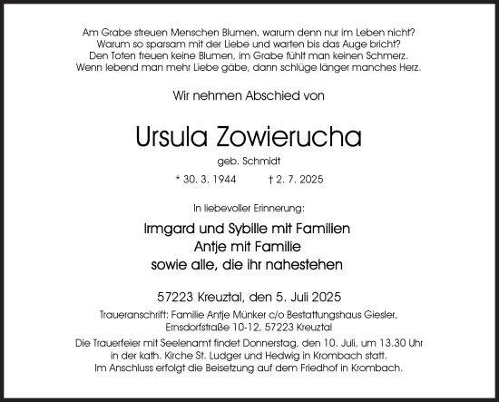 Traueranzeige von Ursula Zowierucha von Siegener Zeitung