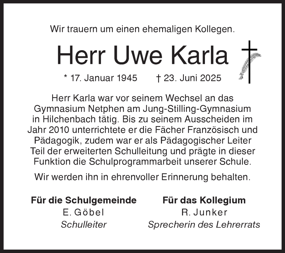  Traueranzeige für Uwe Karla vom 12.07.2025 aus Siegener Zeitung