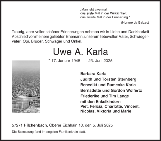 Traueranzeige von Uwe Karla von Siegener Zeitung