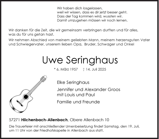 Traueranzeige von Uwe Seringhaus von Siegener Zeitung