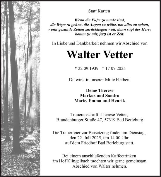 Traueranzeige von Walter Vetter von Siegener Zeitung