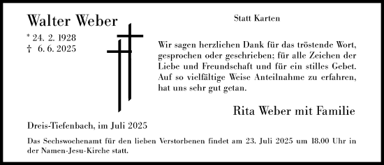 Traueranzeige von Walter Weber von Siegener Zeitung