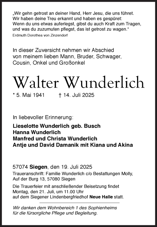 Traueranzeige von Walter Wunderlich von Siegener Zeitung