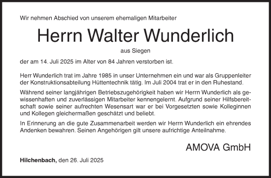 Traueranzeige von Walter Wunderlich von Siegener Zeitung