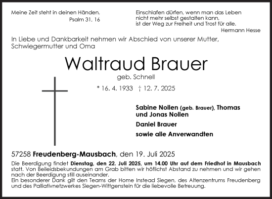 Traueranzeige von Waltraud Brauer von Siegener Zeitung