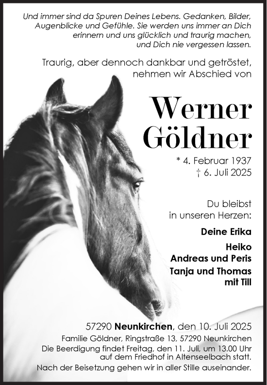 Traueranzeige von Werner Göldner von Siegener Zeitung