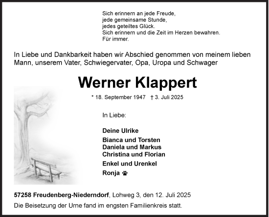 Traueranzeige von Werner Klappert von Siegener Zeitung
