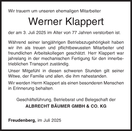 Traueranzeige von Werner Klappert von Siegener Zeitung