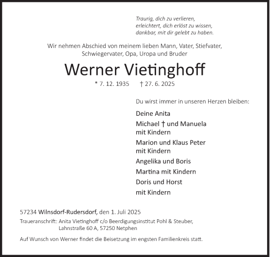 Traueranzeige von Werner Vietinghoff von Siegener Zeitung