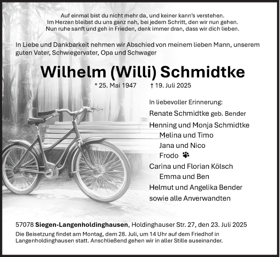 Traueranzeige von Wilhelm Schmidtke von Siegener Zeitung