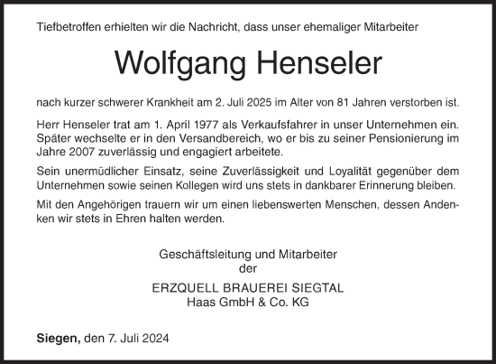 Traueranzeige von Wolfgang Henseler von Siegener Zeitung