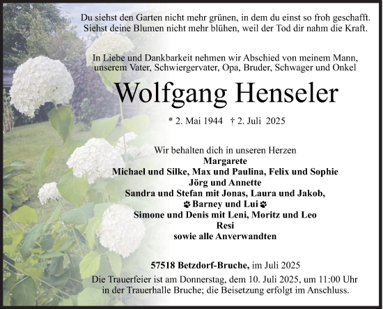 Traueranzeige von Wolfgang Henseler von Siegener Zeitung