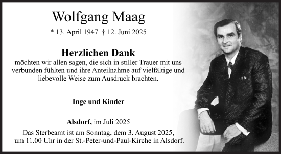 Traueranzeige von Wolfgang Maag von Siegener Zeitung