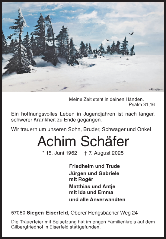 Traueranzeige von Achim Schäfer von Siegener Zeitung