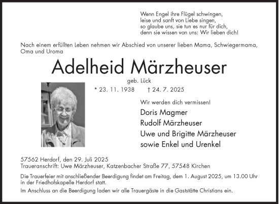 Traueranzeige von Adelheid Märzheuser von Siegener Zeitung