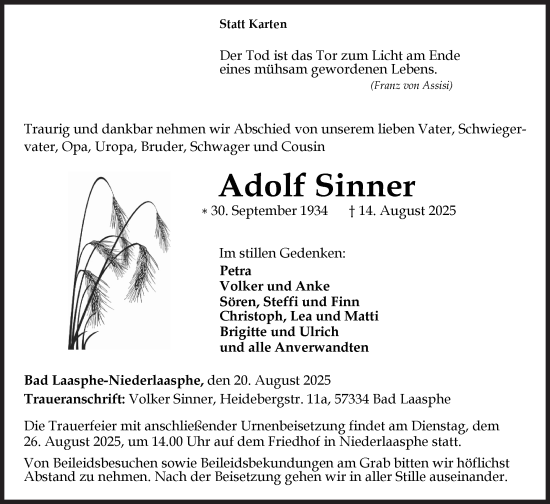 Traueranzeige von Adolf Sinner von Siegener Zeitung