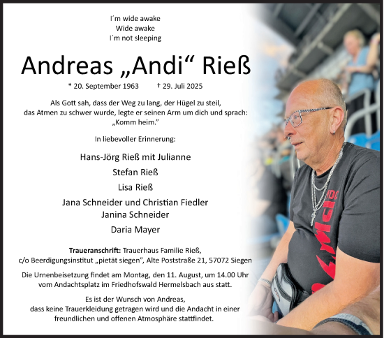 Traueranzeige von Andreas Rieß von Siegener Zeitung