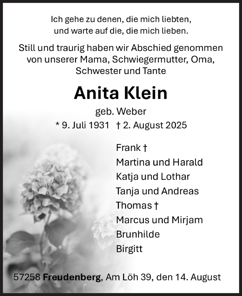  Traueranzeige für Anita Klein vom 14.08.2025 aus Siegener Zeitung