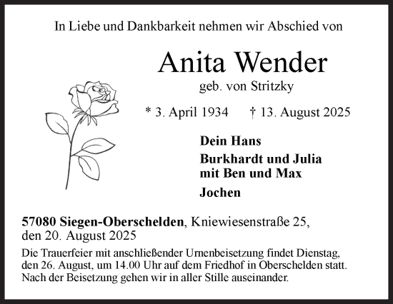 Traueranzeige von Anita Wender von Siegener Zeitung