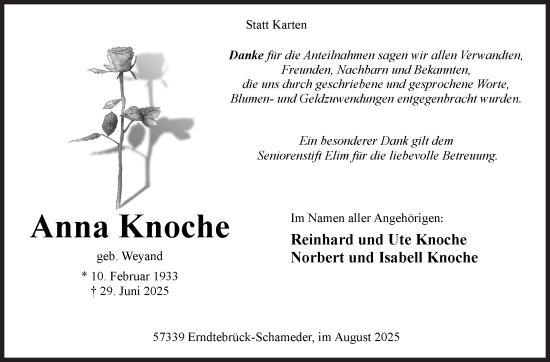 Traueranzeige von Anna Knoche von Siegener Zeitung