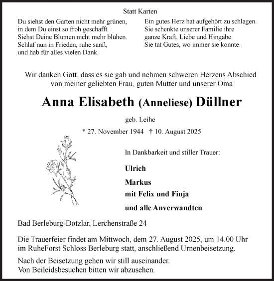 Traueranzeige von Anna Elisabeth  Düllner von Siegener Zeitung