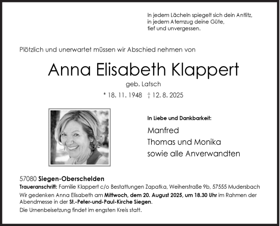 Traueranzeige von Anna Elisabeth Klappert von Siegener Zeitung