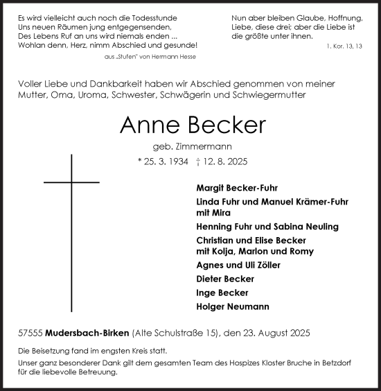 Traueranzeige von Anne Becker von Siegener Zeitung