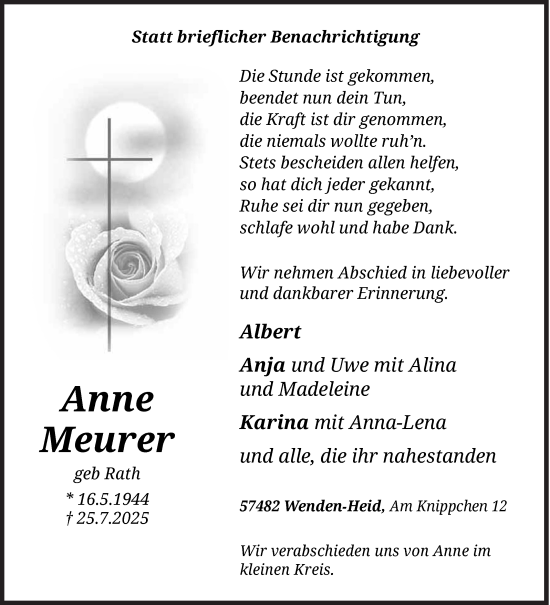 Traueranzeige von Anne Meurer von Siegener Zeitung