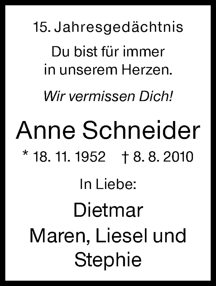  Traueranzeige für Anne Schneider vom 08.08.2025 aus Siegener Zeitung