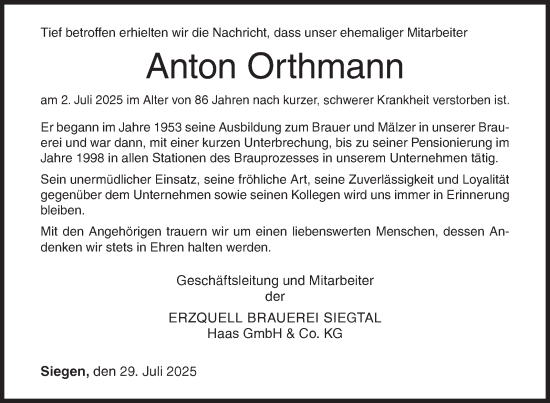 Traueranzeige von Anton Orthmann von Siegener Zeitung