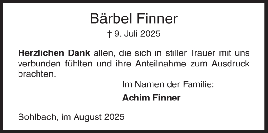 Traueranzeige von Bärbel Finner von Siegener Zeitung