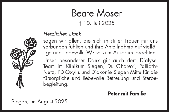 Traueranzeige von Beate Moser von Siegener Zeitung