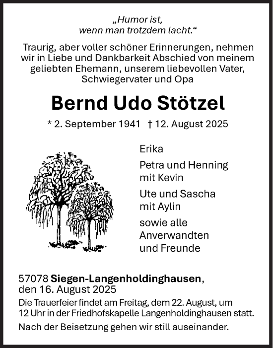 Traueranzeige von Bernd Udo Stötzel von Siegener Zeitung