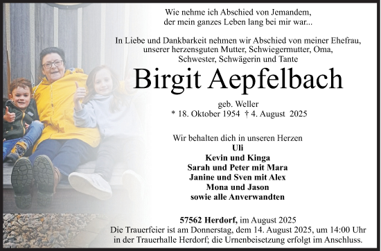 Traueranzeige von Birgit Aepfelbach von Siegener Zeitung