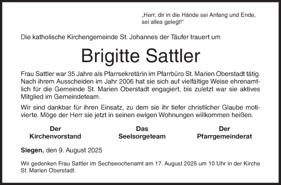 Traueranzeige von Brigitte Sattler von Siegener Zeitung