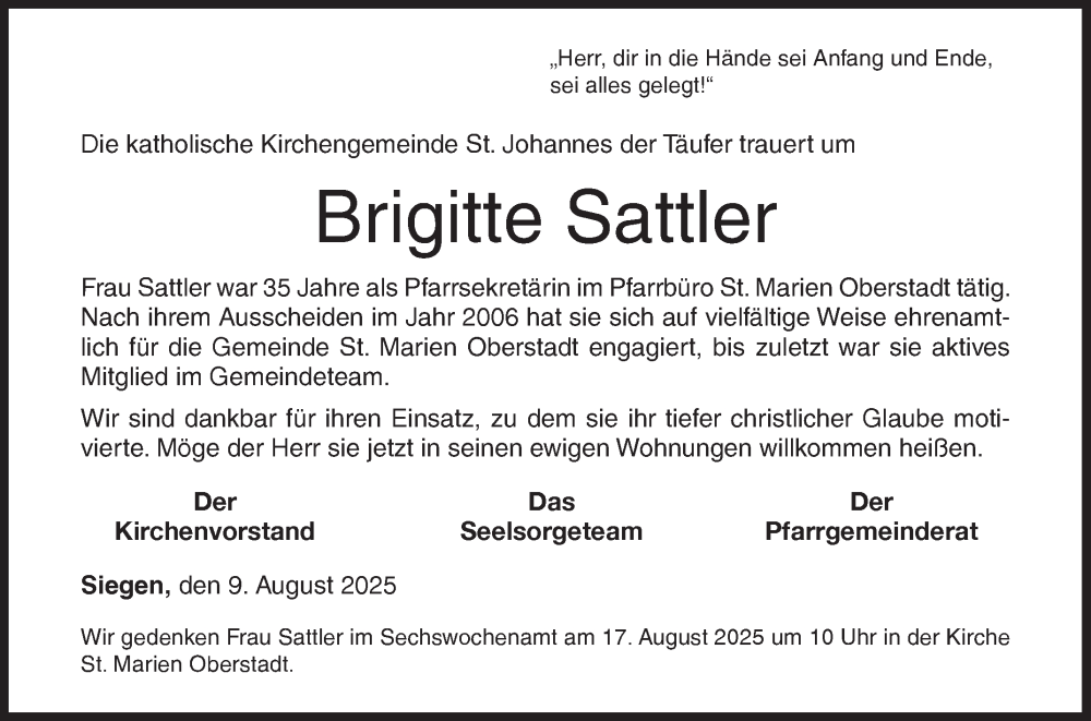  Traueranzeige für Brigitte Sattler vom 09.08.2025 aus Siegener Zeitung