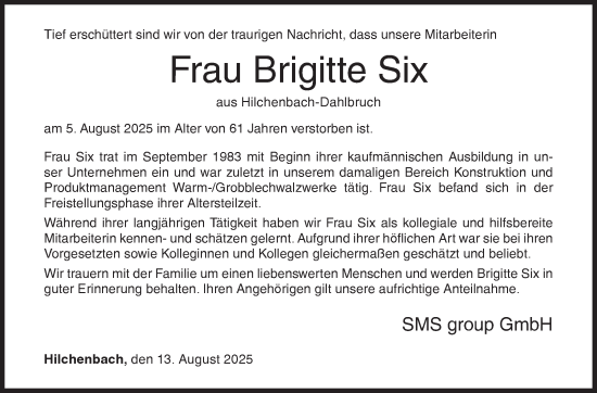 Traueranzeige von Brigitte Six von Siegener Zeitung