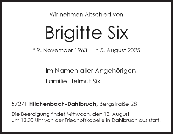 Traueranzeige von Brigitte Six von Siegener Zeitung