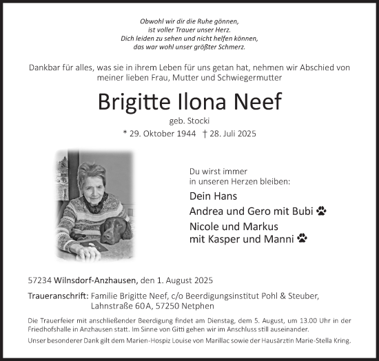 Traueranzeige von Brigitte Ilona Neef von Siegener Zeitung