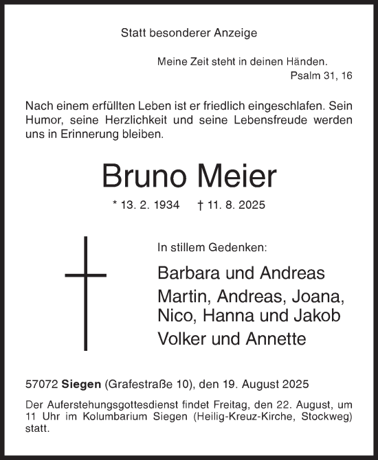 Traueranzeige von Bruno Meier von Siegener Zeitung