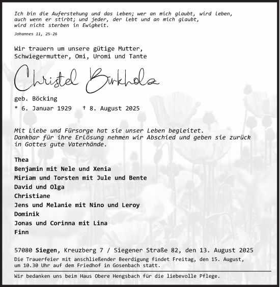 Traueranzeige von Christel Birkholz von Siegener Zeitung