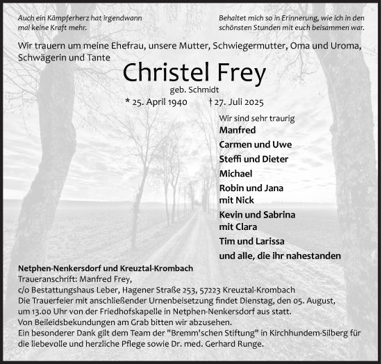 Traueranzeige von Christel Frey von Siegener Zeitung