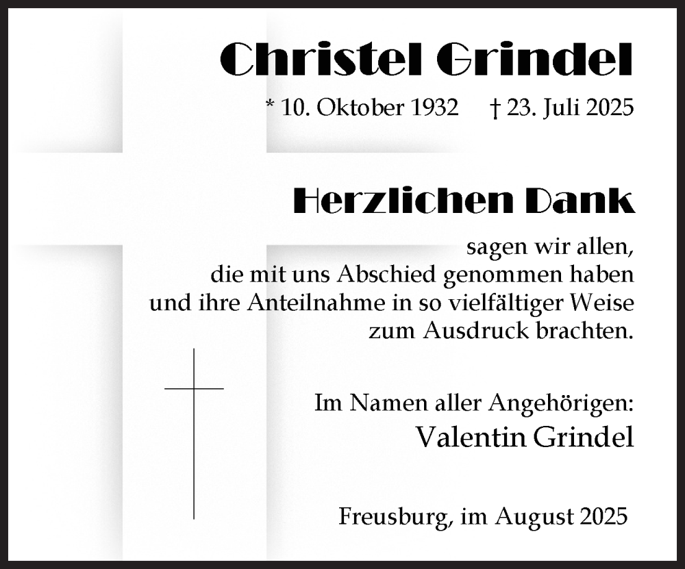 Traueranzeige für Christel Grindel vom 23.08.2025 aus Siegener Zeitung