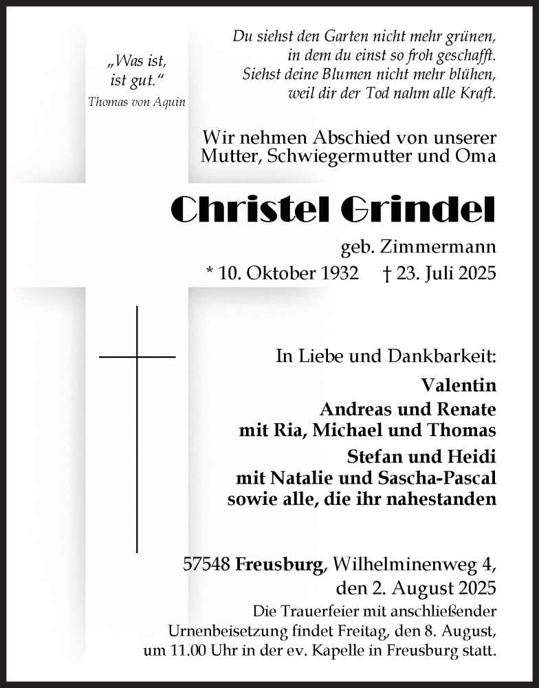 Traueranzeige für Christel Grindel vom 02.08.2025 aus Siegener Zeitung