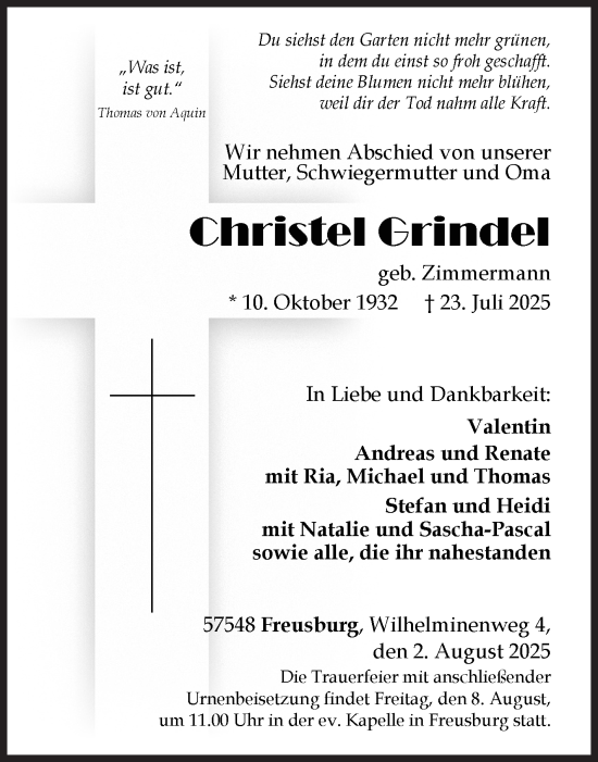 Traueranzeige von Christel Grindel von Siegener Zeitung