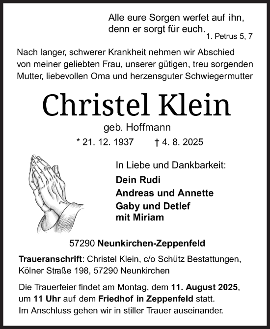 Traueranzeige von Christel Klein von Siegener Zeitung