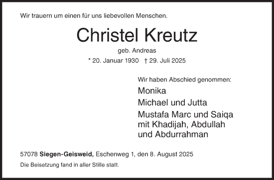 Traueranzeige von Christel Kreutz von Siegener Zeitung
