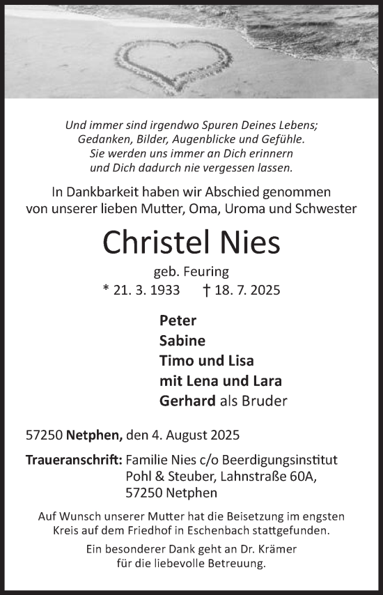 Traueranzeige von Christel Nies von Siegener Zeitung
