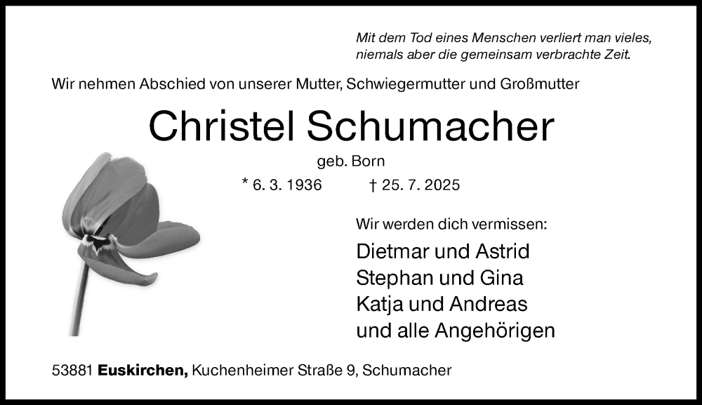  Traueranzeige für Christel Schumacher vom 02.08.2025 aus Siegener Zeitung